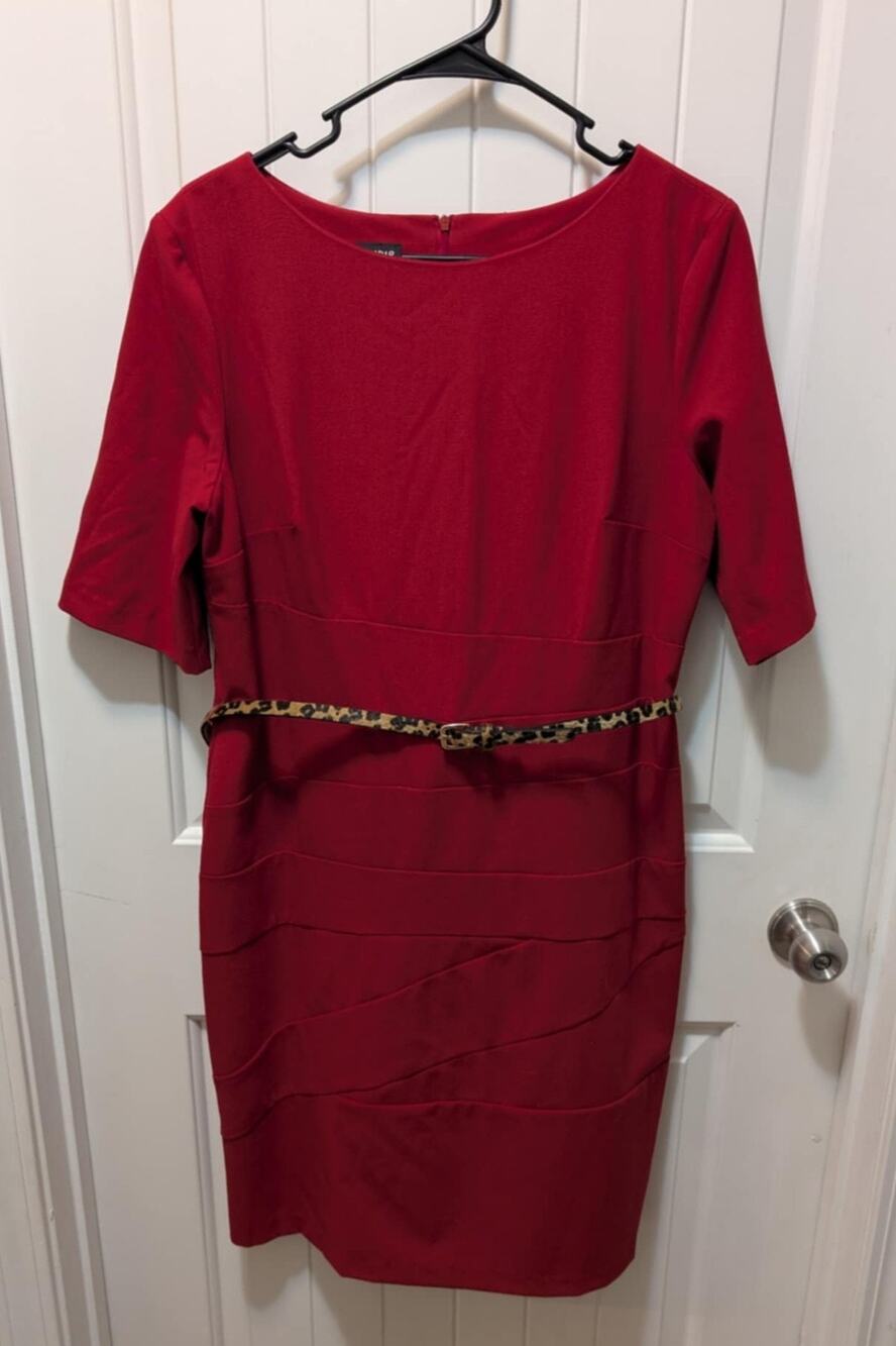 I.N. Studio Women's 14 Red Dress Pencil Knee Length Belted Cocktail Work Stretch